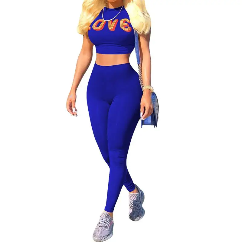 2018 Summer Printed Short Sleeves Crop Top & Long Pants 2 Piece Set Women Female Fashion Tracksuit Suits For Women WS6368S