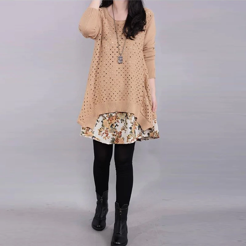 Autumn Winter Women's Long sleeve Knitted Floral Dress Loose Casual Party Dress
