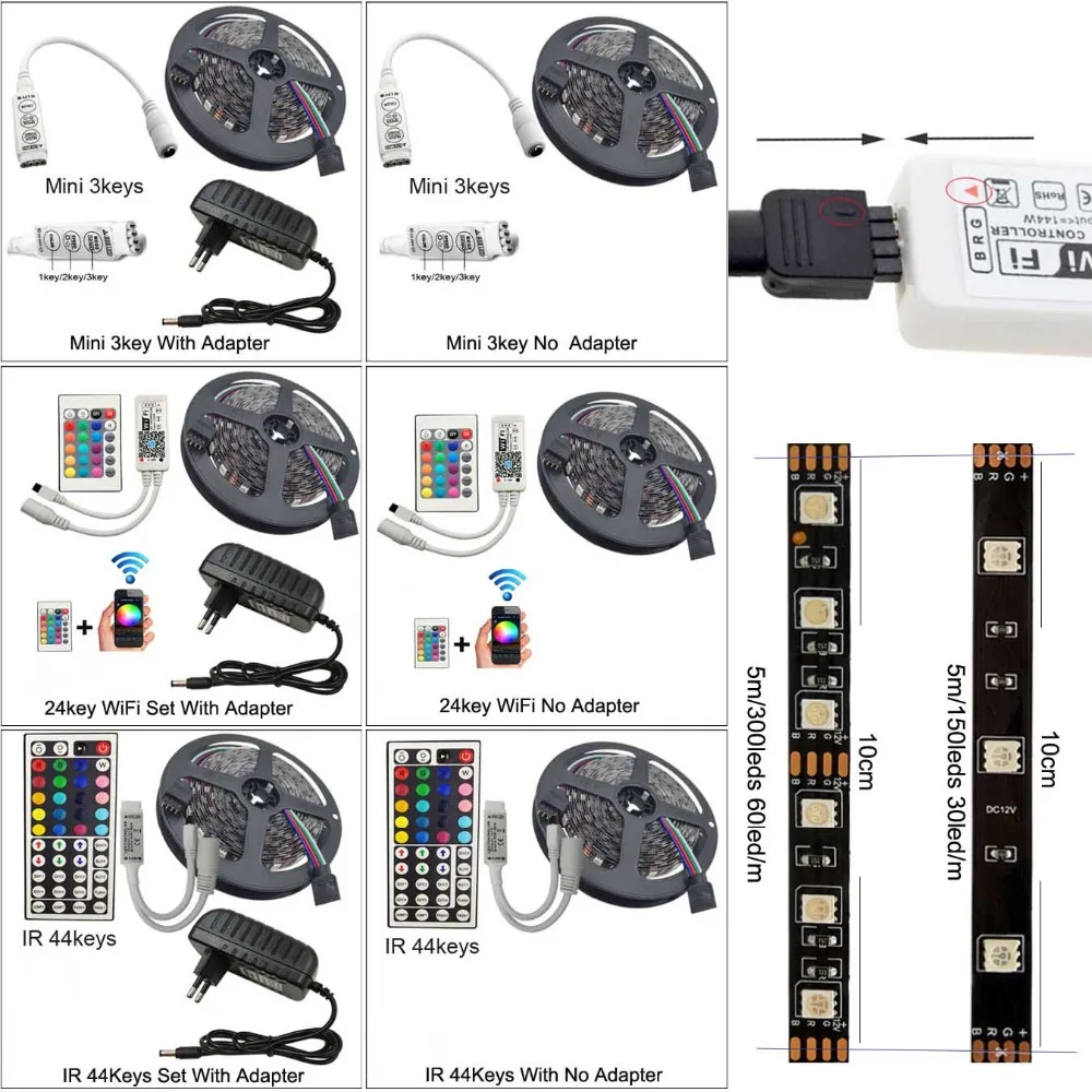 RGB Светодиодная лента DC 12 В SMD 5050 Rgb 5 м черная гибкая лента Диодная лента светильник+ контроллер+ адаптер питания украшение