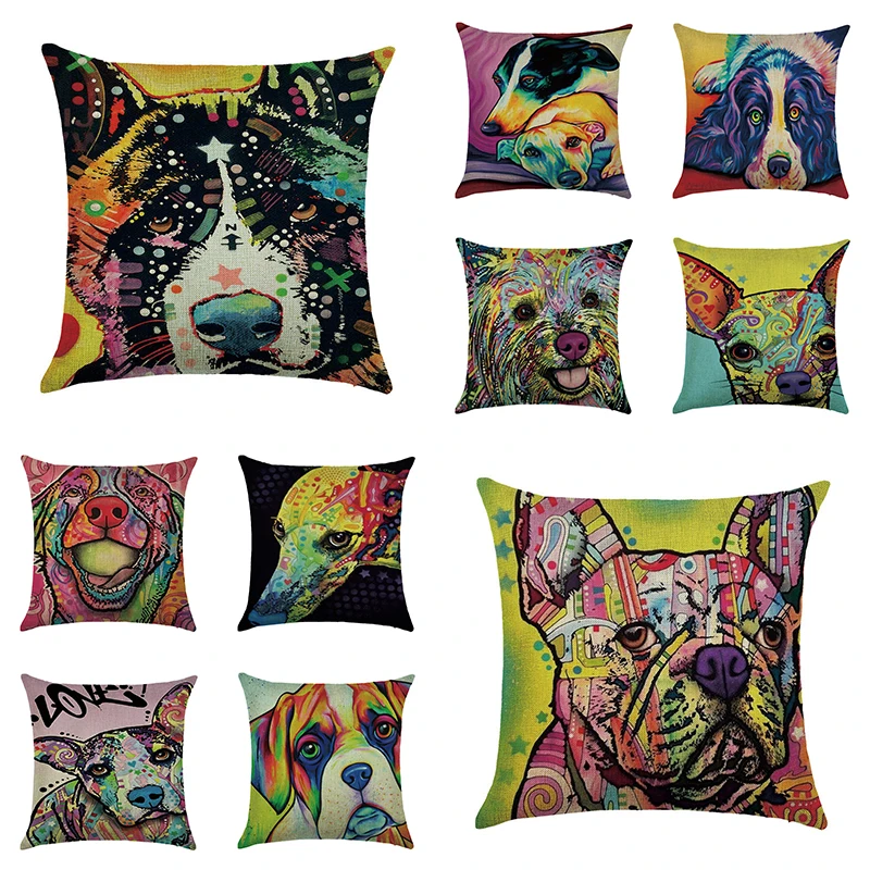 Colorful Oil Painting Linen Printed Dogs Cushion Cover Hot Animals Throw Pillow Cover Home Decor Rottweiler basset hound Pillows
