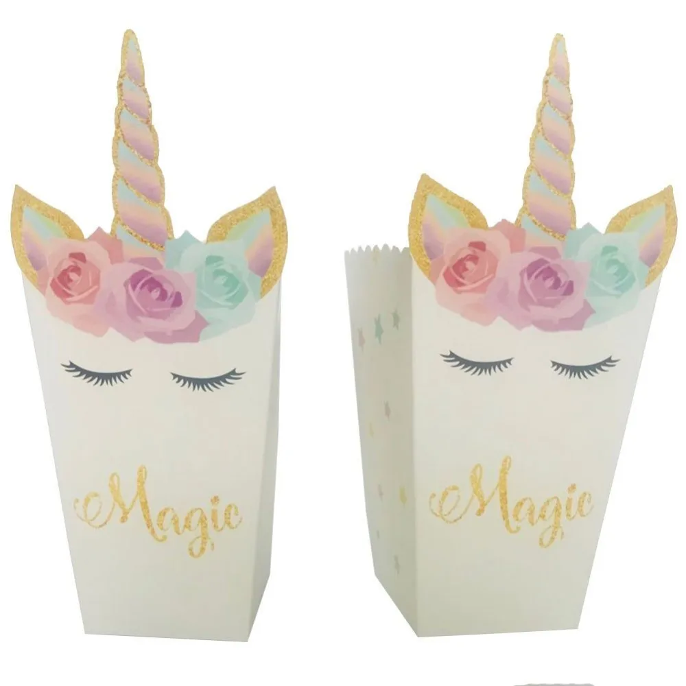 

12 Pcs Unicorn Paper Popcorn Boxes Food Packaging Glitter For Unicorn Party Birthday Party Decorations Kids