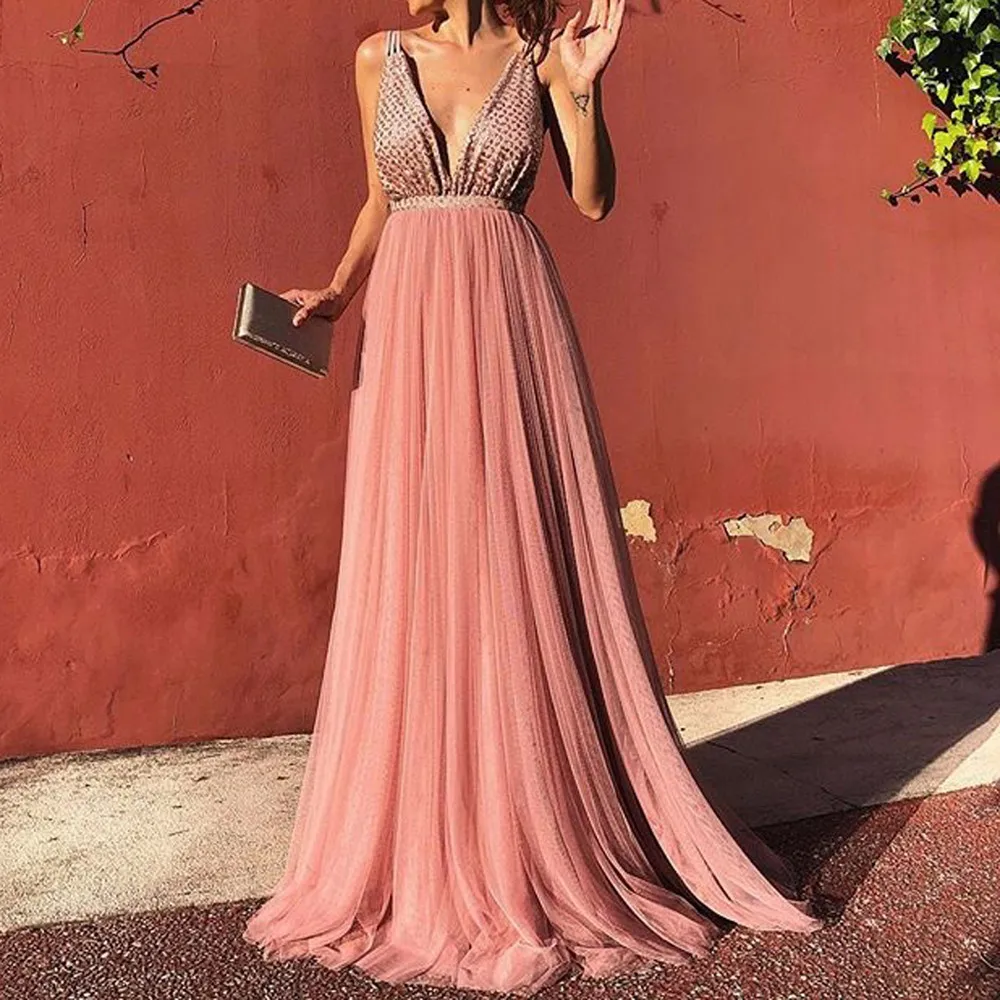 

Party Dress Women Sexy Sequined Solid Camis Back Hollow Elegant Chiffon Patchwork Long Dresses Summer Dress Robe Longue Femme