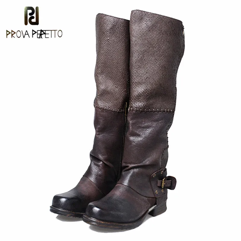 

Prova Perfetto Manufacture For Cool Girl Knight Boots Crack Mixed Color Full Cow Leather Flat Neutral Knee Boots Large Size