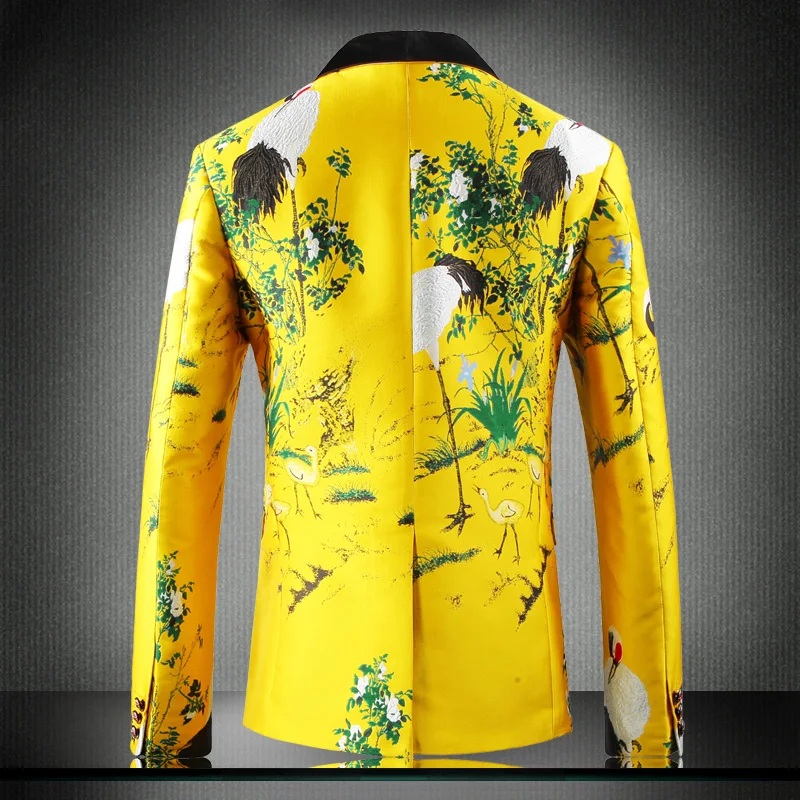 2019 Fashion Casual Blazer Hombre Yellow Printed Embroidered Coat Male Comfortable Stage Party Men'S Suit Coat
