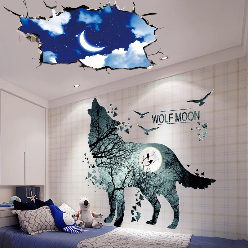 

[SHIJUEHEZI] Wolf Animal Wall Stickers Vinyl DIY Night Moon Mural Decals for Kids Rooms Living Room Home Decoration Accessories