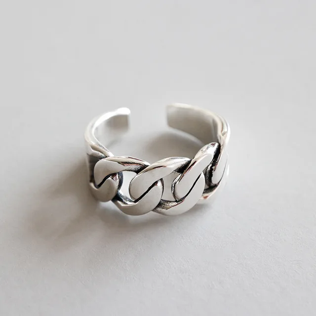SHANICE Wide Antique Thai Silver 925 Sterling Silver Open Rings Flat Chain Adjustable Finger Rings Fashion Silver Jewelry