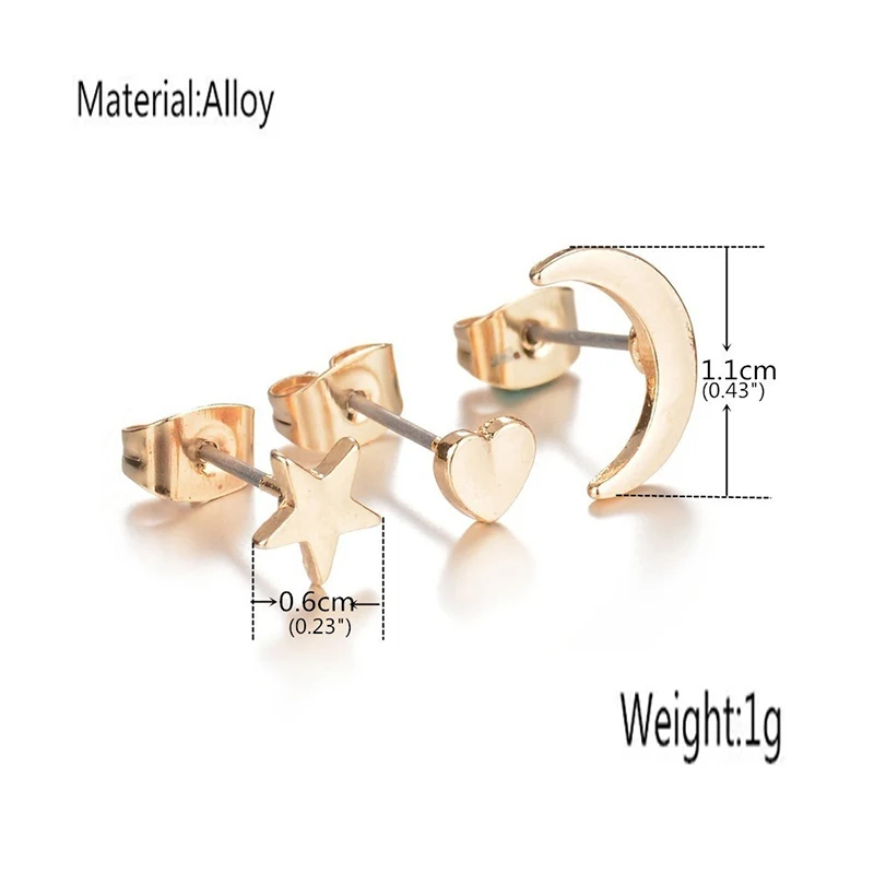 3 шт./лот, минималистичные металлические серьги-гвоздики с Луной/звездой/сердцем, набор серьги-гвоздики, индивидуальные серьги, ювелирные изделия, подарки для девочек