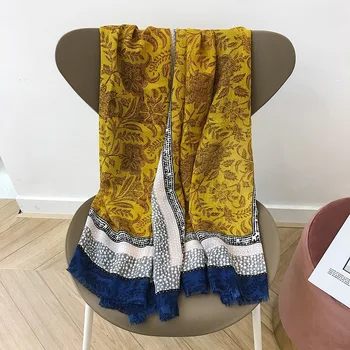 

KYQIAO women yellow scarf mori girls autumn winter Japan style vintage long yellow print neck scarf birthday gifts