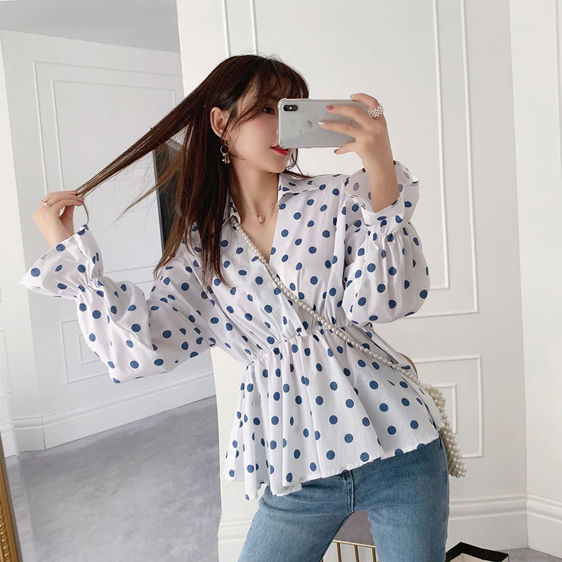  Mishow 2019 summer new collection squared collar elasticated waist blue dots white shirt women blou