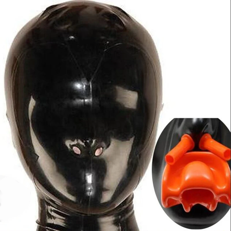 

sexy exotic lingerie Latex Hood with Red Teeth Gag and Nasal Tubes Back Zipper Rubber Fetish Mask uniform XS-XXL free shipping