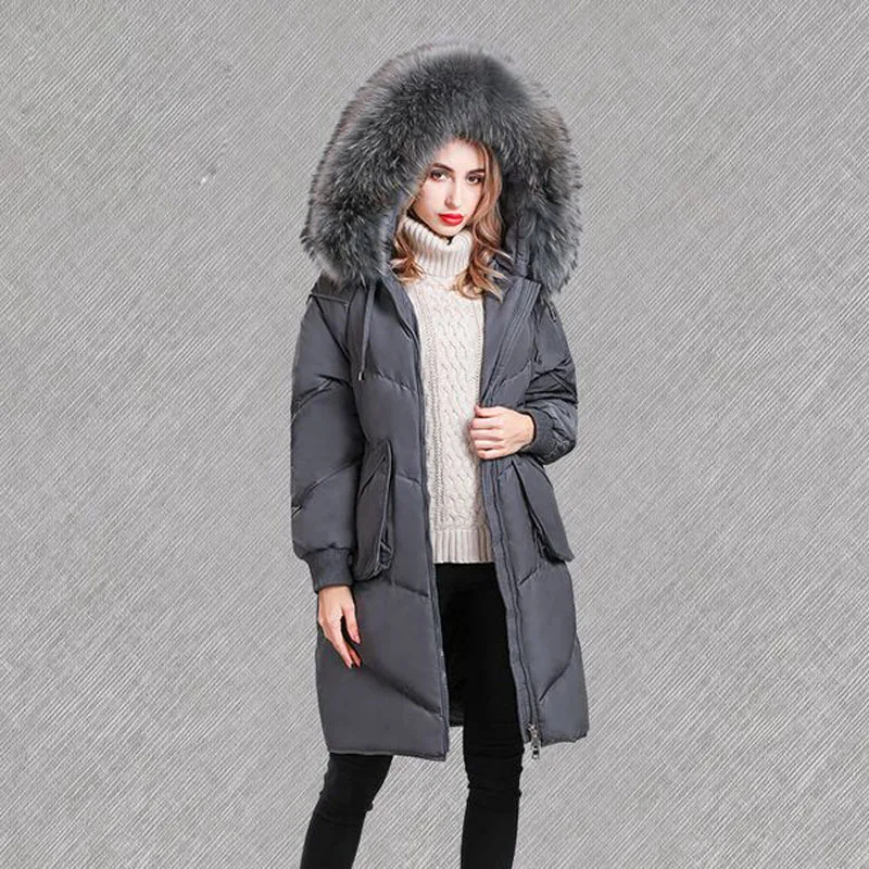 Огромный натуральный мех енота новая зимняя куртка женская белая куртка-пуховик теплая парка Женская куртка размера плюс пальто с капюшоном