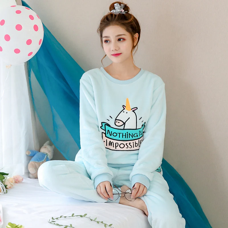 

Casual Flannel Warm Pajamas Set for Women Autumn Winter Long Sleeve Home Clothing Pyjama Girls Sleepwear Lounge Pajamas Homewear