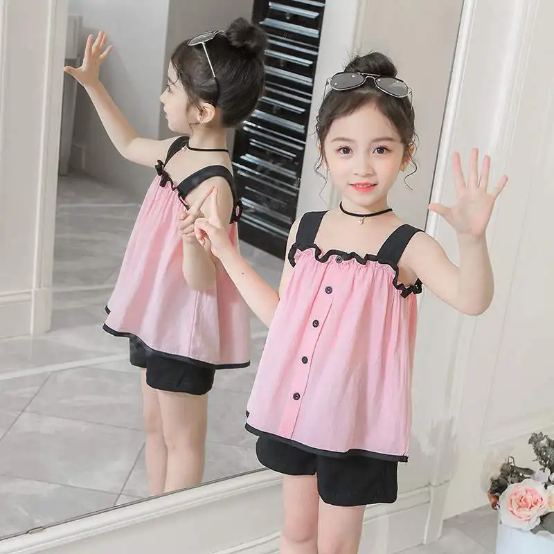 

2019 New Baby Girls Summer Clothing Set Spaghetti Strap Top+Shorts 2 Piece Sets Fashion Casual School Girls Clothing Sets