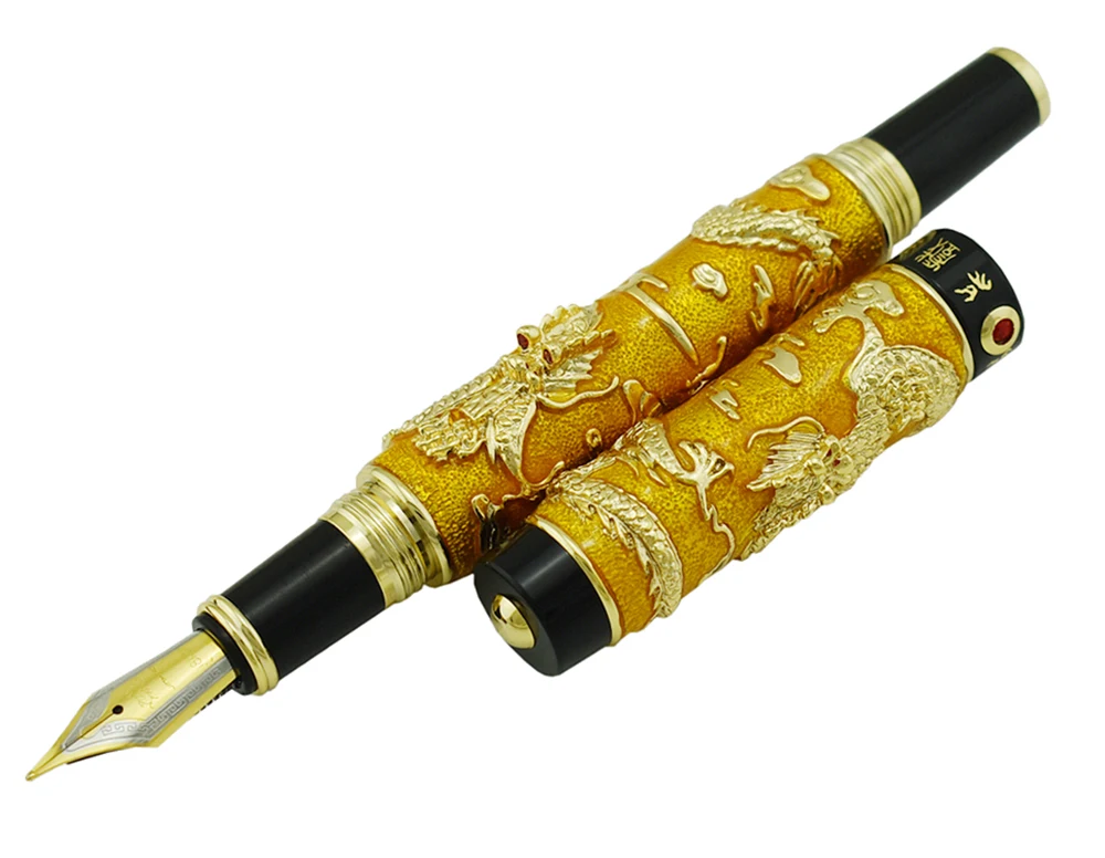 Jinhao Ouro Cloisonne Ofício Avançado Dupla Dragão Fountain Pen Iridium Médio Nib Caneta de Escrita Presente para o Negócio