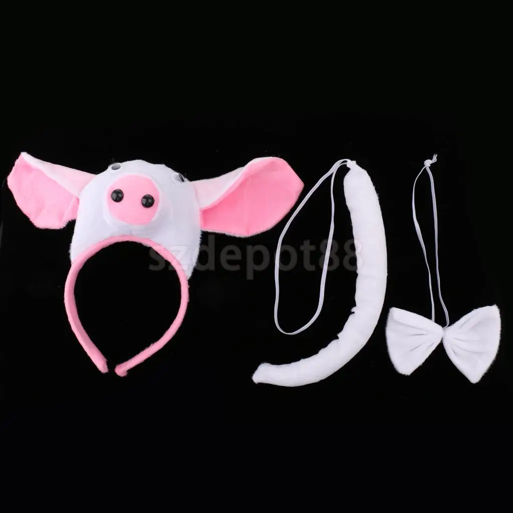 Kids Animal Pig Piggy Costume Kit Head Band Bow Tie Tail Set Fancy Dress
