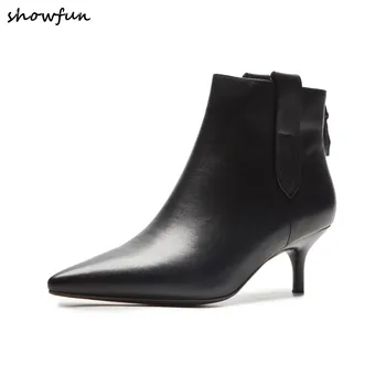 

Plus size 33-40 women's genuine leather thin high heel pointed toe autumn ankle boots elegant ladies med heel comfortable shoes