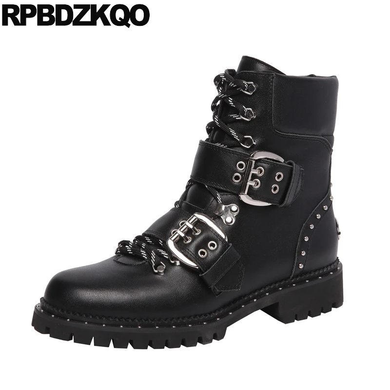 GIY Womens Pointed Toe Buckle Strap Combat Ankle Boots Chunky Block Heel Bootie Motorcycle Short Boot
