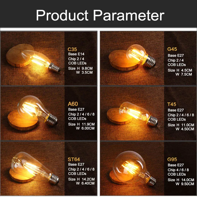 4 unids E14 E27 220 V LED filamento de Edison bombilla 2 W 4 W 6 W 8 W 12 W antiguo luces de vela LED lámpara ampolla Lamparas Lampadina