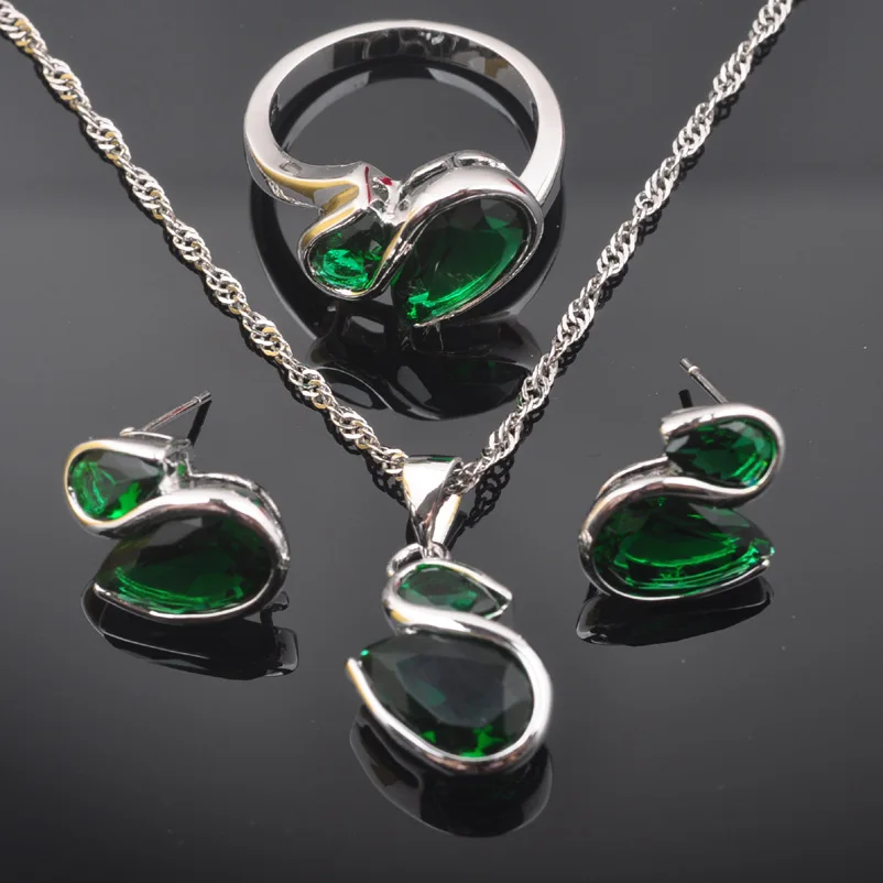 

2019 New Party Jewelry Green Zirconia For Women 925 Sterling Silver Jewelry Sets Necklace Pendant Earrings Ring QZ0555