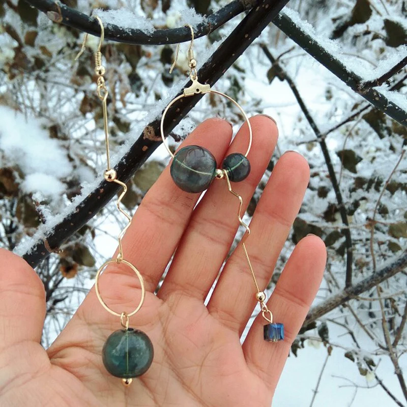 Асимметричные оригинальные Висячие длинные серьги с зелеными пузырьками для