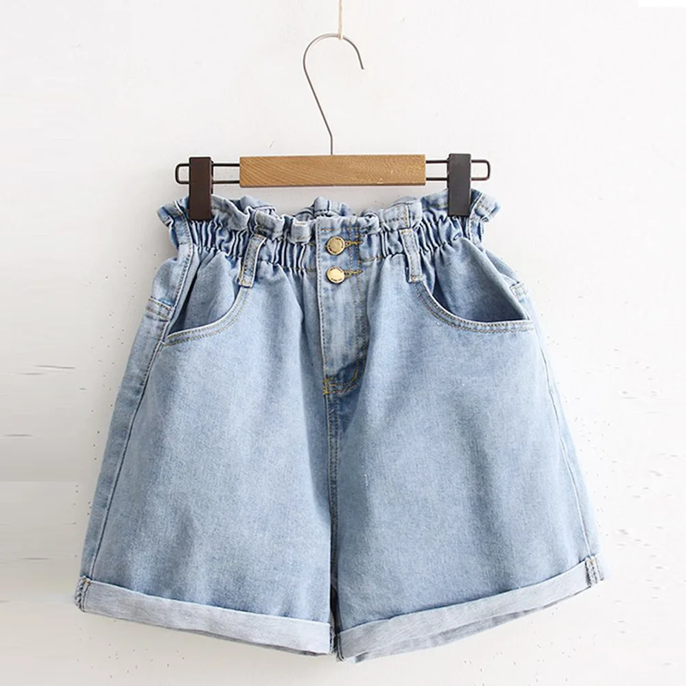 

2019 Summer High Waist Denim Shorts Women Casual Loose Ladies Fashion Roll Up Hem Elastic Waist Pocket Blue White Female Jeans