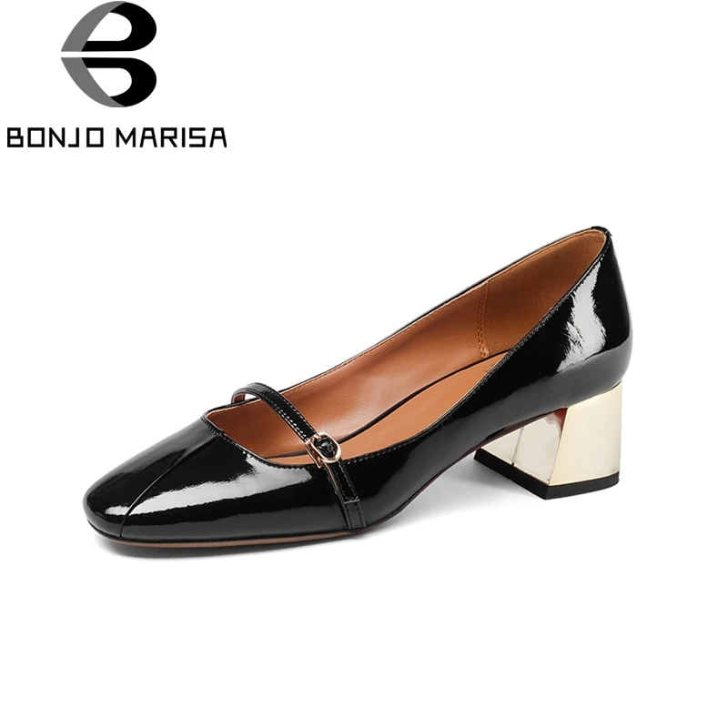 

BONJOMARISA New women's Genuine Leather Square Med Heels slip-on Solid Shoes Woman Fashion Spring Pumps Big Size 33-43