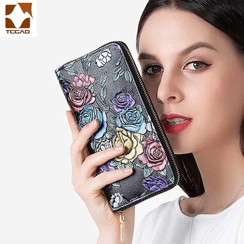 

Genuine Leather Women Wallet 3D Rose luxury designer wallets high quality female Purse portfel damski genuine leather wallet