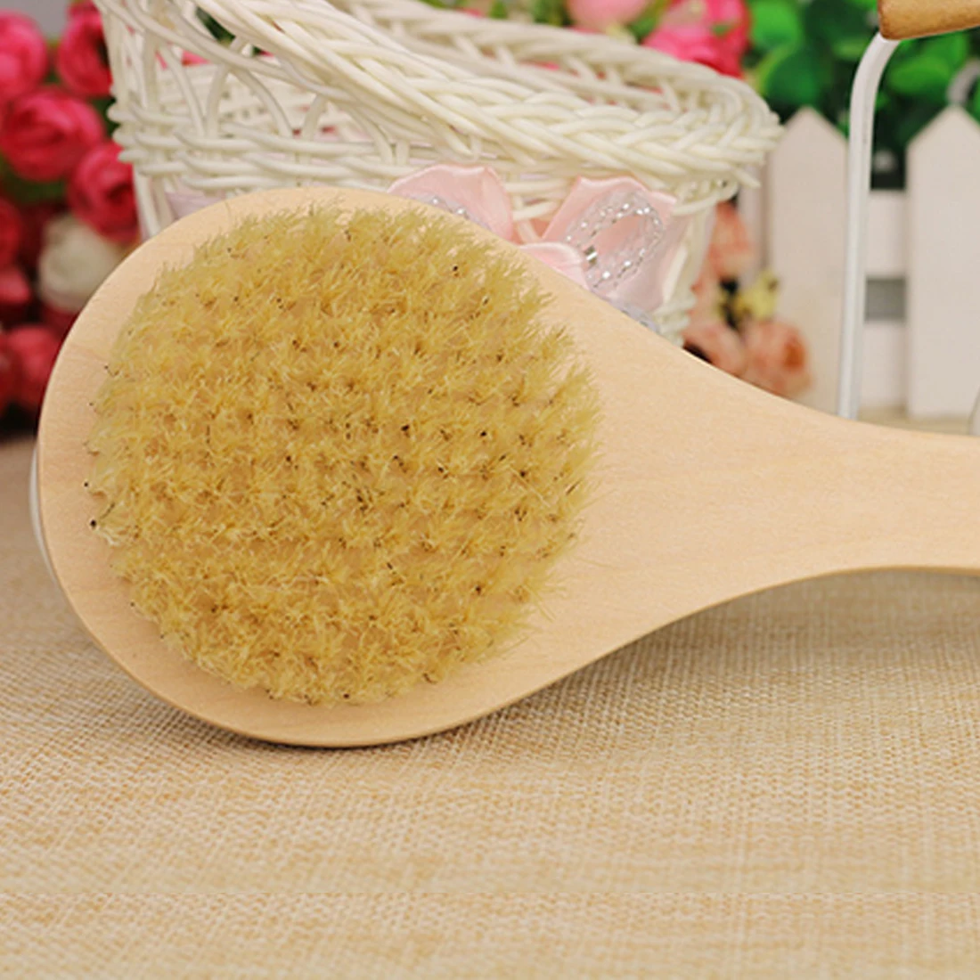 NEW Bath Brush Wood Handle Natural Bristle Middle Long Handle Wooden