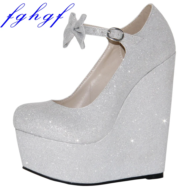 

Fghgf Women's Pumps shoes, shiny silver fabrics and cute bows, sexy women's wedge shoes for wedding night clubs