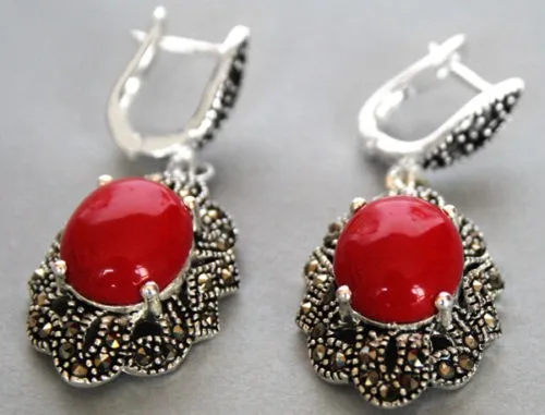 

Long lady's amazing 11/2" Vintage 925 Silver & Marcasite Red Coral Earrings Beads ONYX Drop Natural Stone EARRINGS