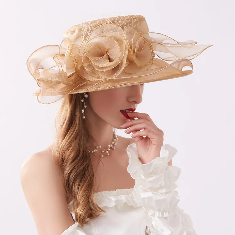

Mingli Tengda Wedding Hat Eugen Yarn Navy Flower Bride Hat Foldable Eaves Sandy Beach Purple Summer Hat Gauze Formal Pink Hat