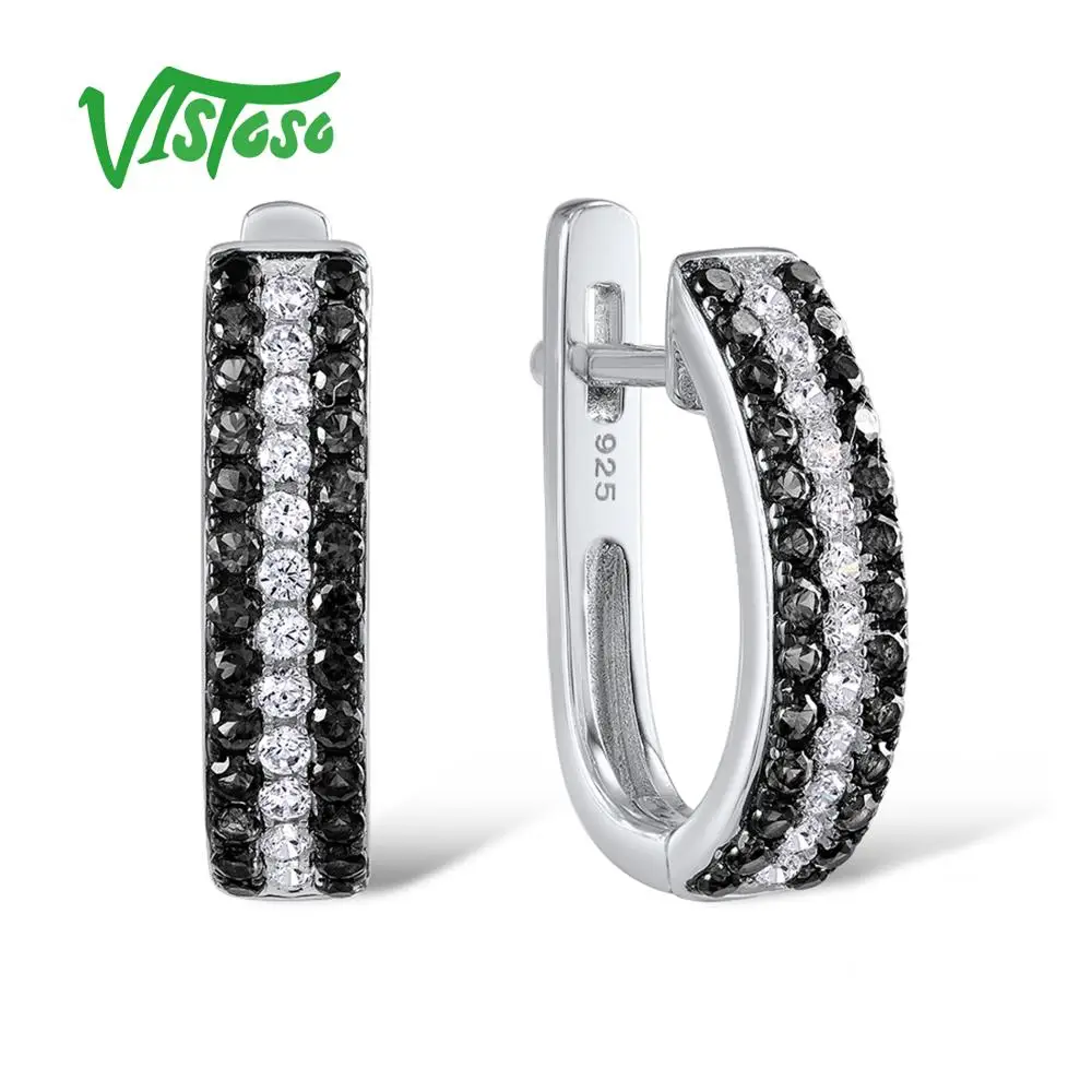 VISTOSO Sterling Silver Stud Earrings Fine Jewelry Round Black Spinel 100% 925 Sterling Silver Women Fine Jewelry Stud Earrings