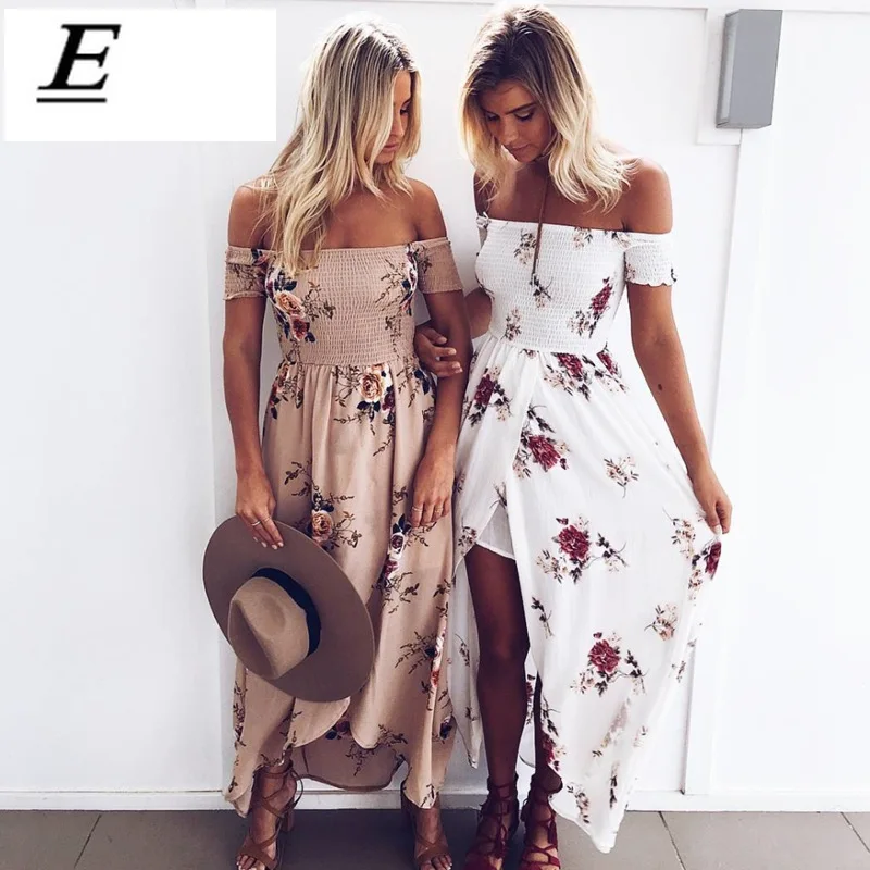 

Summer Dresses Boho Style Long Dress Women Off Shoulder Beach Floral Print Vintage Chiffon White Maxi Dress Vestido De Festa 4XL