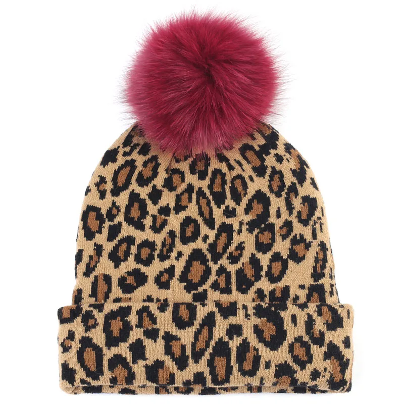 Geebro, Женская леопардовая шапочка, шапка с помпоном из меха лисы, зимние теплые леопардовые громоздкие шапочки с помпоном из натурального меха, Femme Skullies - Цвет: Khaki Dark Red