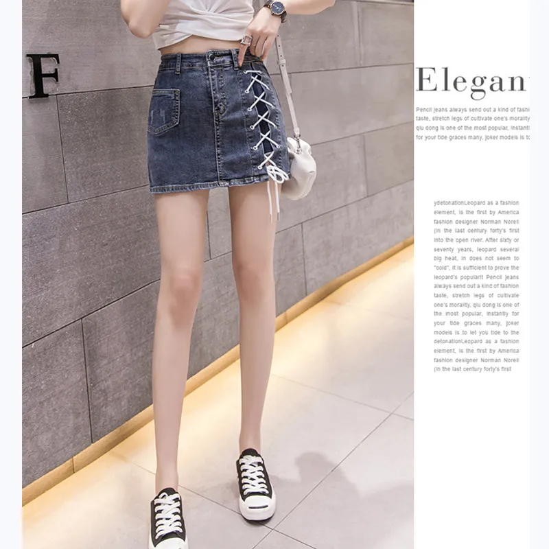 

JUJULAND denim skirt High Waist Skirts Womens Pockets Button Denim Skirt Female Saias New Casual Lace up Jeans Skirt 5657
