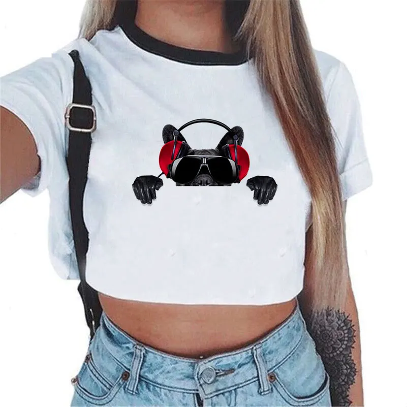 Französisch Bulldog Crop Top Femme Bluse Hund Drucken Kurzarm 2018 Frauen Art Und Weise O-ANSATZ Nette Shirts Harajuku Tops Camisa Feminina