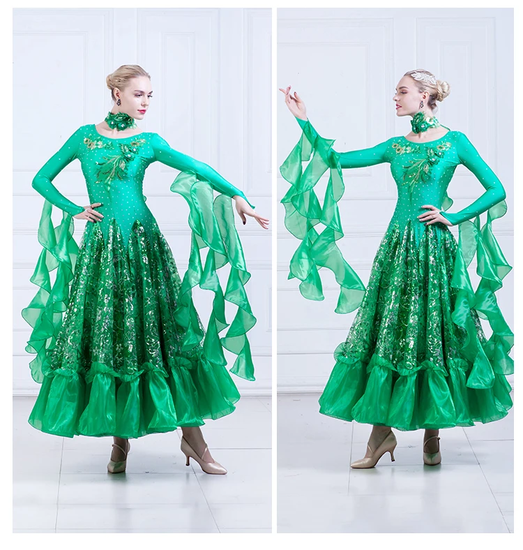 2018新しい王室勒赤いグリーンローズ新しいスタイル社交スタンダードダンスドレスワルツ競争ドレスレディ社交ダンスドレス