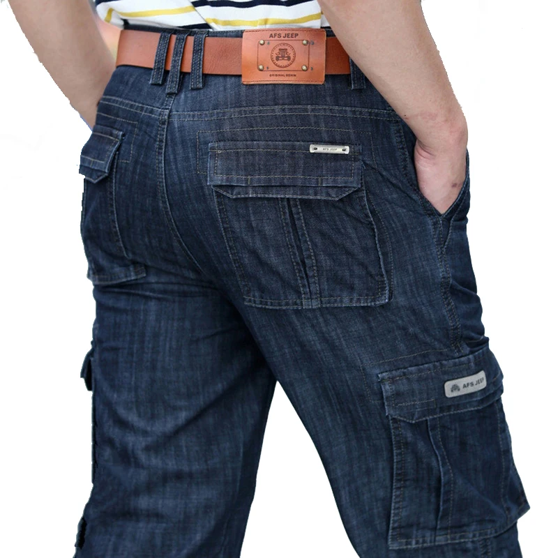 Men's Military Jeans Pants Workwear Multi-pockets Cargo Jeans Straight Motorcycle Denim Pants Casual Biker Long Trousers