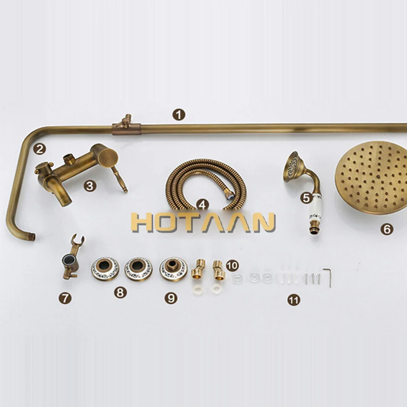 Античная латунь настенный смеситель клапан дождевой Душ кран полный комплект+ " латунная душевая головка+ ручной душ+ шланг YT-5326