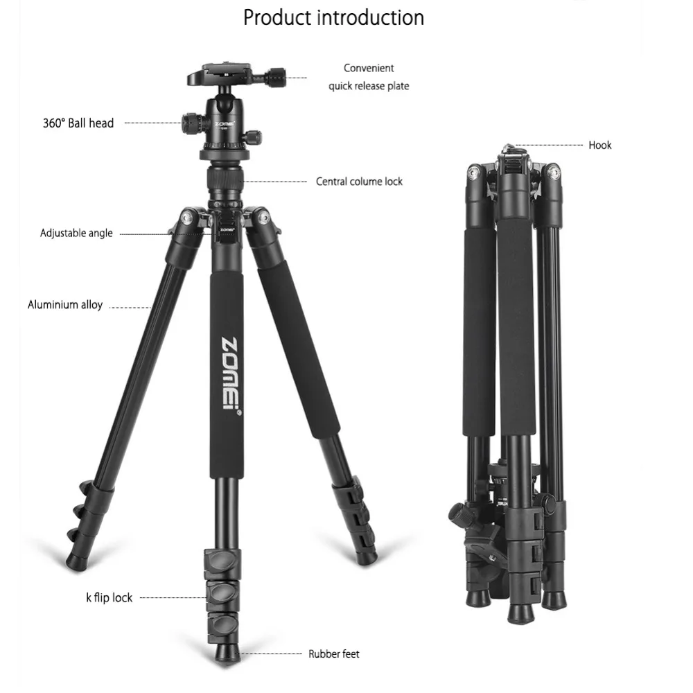 Zomei Q555 Профессиональный алюминиевый гибкий штатив для камеры, подставка для DSLR камеры s, портативные штативы, вращающиеся на 360 градусов