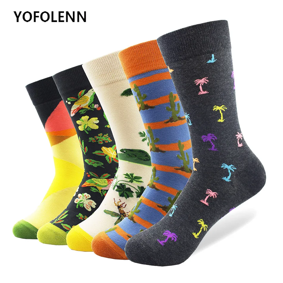 5 Pair/lot Men's Combed Cotton Socks High Quality Multi Colorful Funny