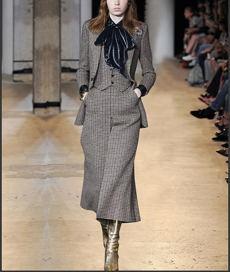 Classic Houndstooth Tweed Wool Women 4 Pieces Sets Winter Full Sleeves Blazer Office Suits For Women SO3367 Classic Houndstooth Tweed Wool Women 4 Pieces Sets Winter Full Sleeves Blazer Office Suits For Women SO3367