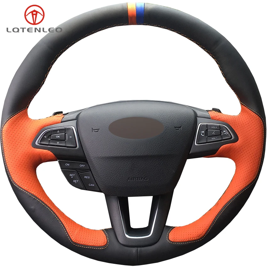 

LQTENLEO Black Orange Leather Car Steering Wheel Cover For Ford Focus 3 2014-2018 Kuga Escape C-MAX Ecosport 2015-2019 Eco sport