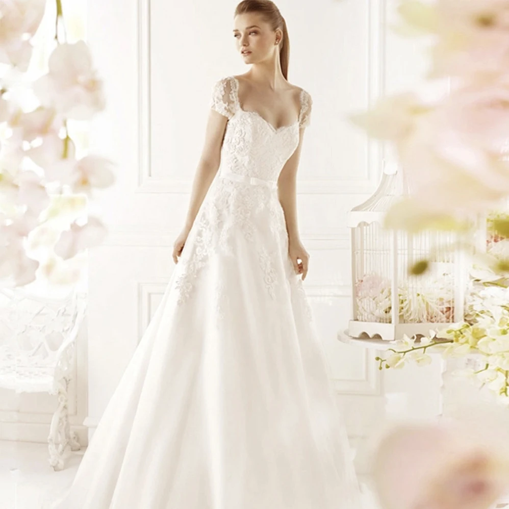 Fansmile/кружевное платье с короткими рукавами, Vestido De Noiva, свадебное платье, шлейф, на заказ, плюс размер, свадебное платье из тюля, FSM-633T