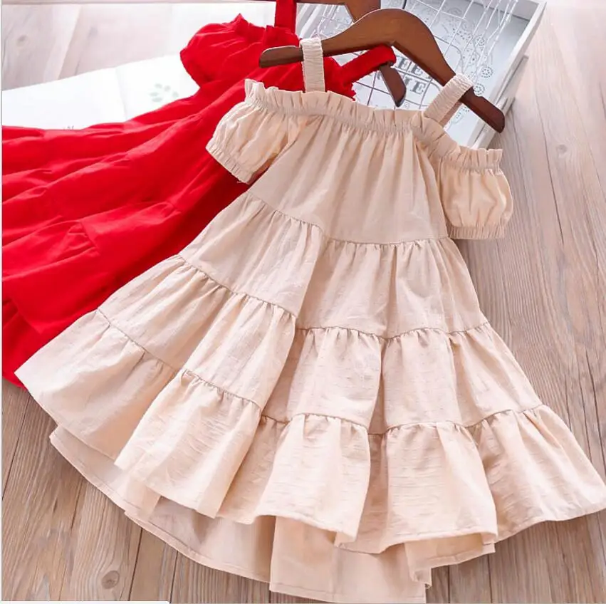 Платья с открытыми плечами для девочек, лето, детское Хлопковое платье, модная одежда принцессы, платья высокого качества для маленьких девочек, одежда