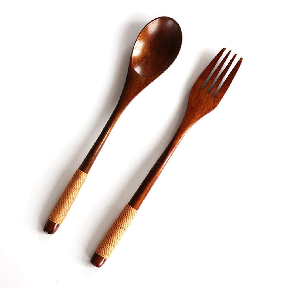 2PC Wood bamboo cutlery Western tableware set kids spoon fork set Dessert Fruit Serving Children