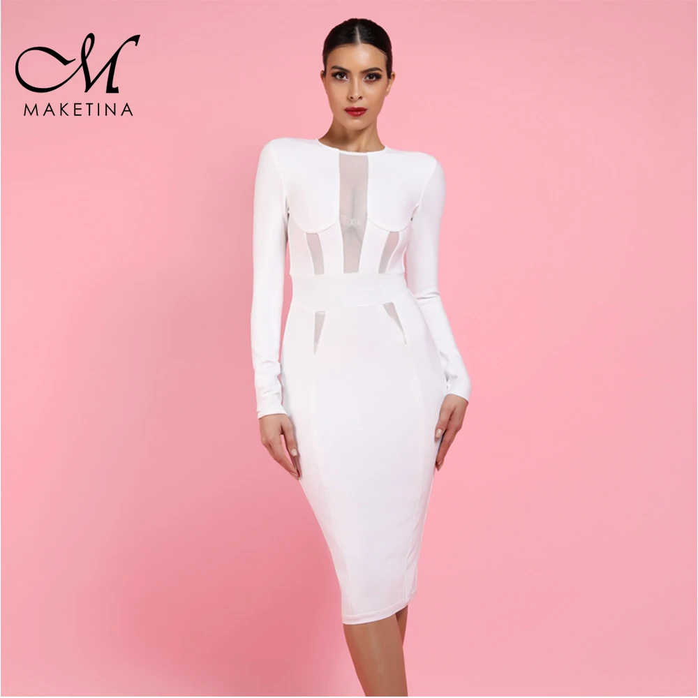 

Maketina 2019 Christmas New Year Woman White Bandage Dress Long Sleeve Elegant Sexy Mesh Bandage Dress Rayon Bodycon Party Club