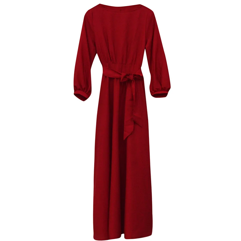 Boho свободное однотонное женское платье с рукавом-фонариком и О-образным вырезом вечернее платье пляжное платье сексуальное женское элегантное официальное длинное платье - Цвет: Красный