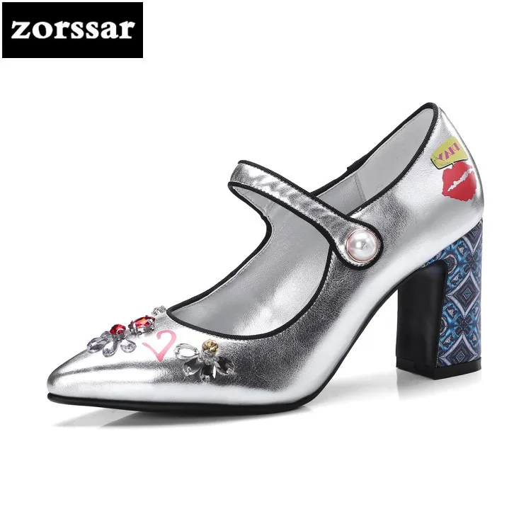 

{Zorssar} 2018 NEW fashion Crystal womens shoes heels Pointed toe Mary Janes High heels pumps ladies shoes Silver big size 34-43