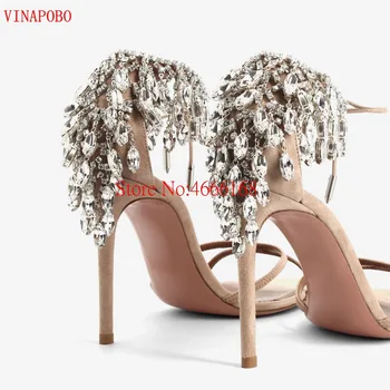 

VINAPOBO Women Gladiator Sandals Sexy Ctystal Black Rhinestones Strap Sexy Fashion Stiletto High Heels sandals wedding shoes